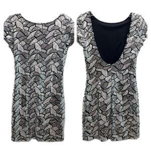 S.Y.L.K. Mini Party Dress Women MEDIUM Sequined Silver Black Low Back Y2K